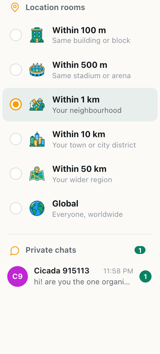 the cicadachat sidebar with a green 1 next to the Private chats heading and next to a new conversation