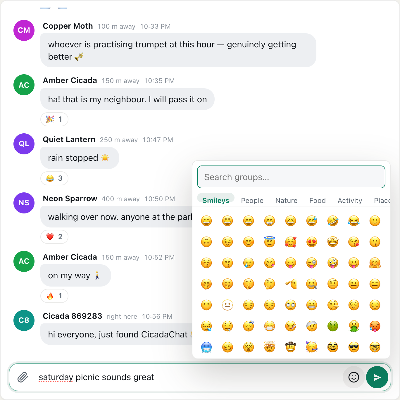 the CicadaChat emoji picker open over the room, with a search box, group tabs and a grid of smileys