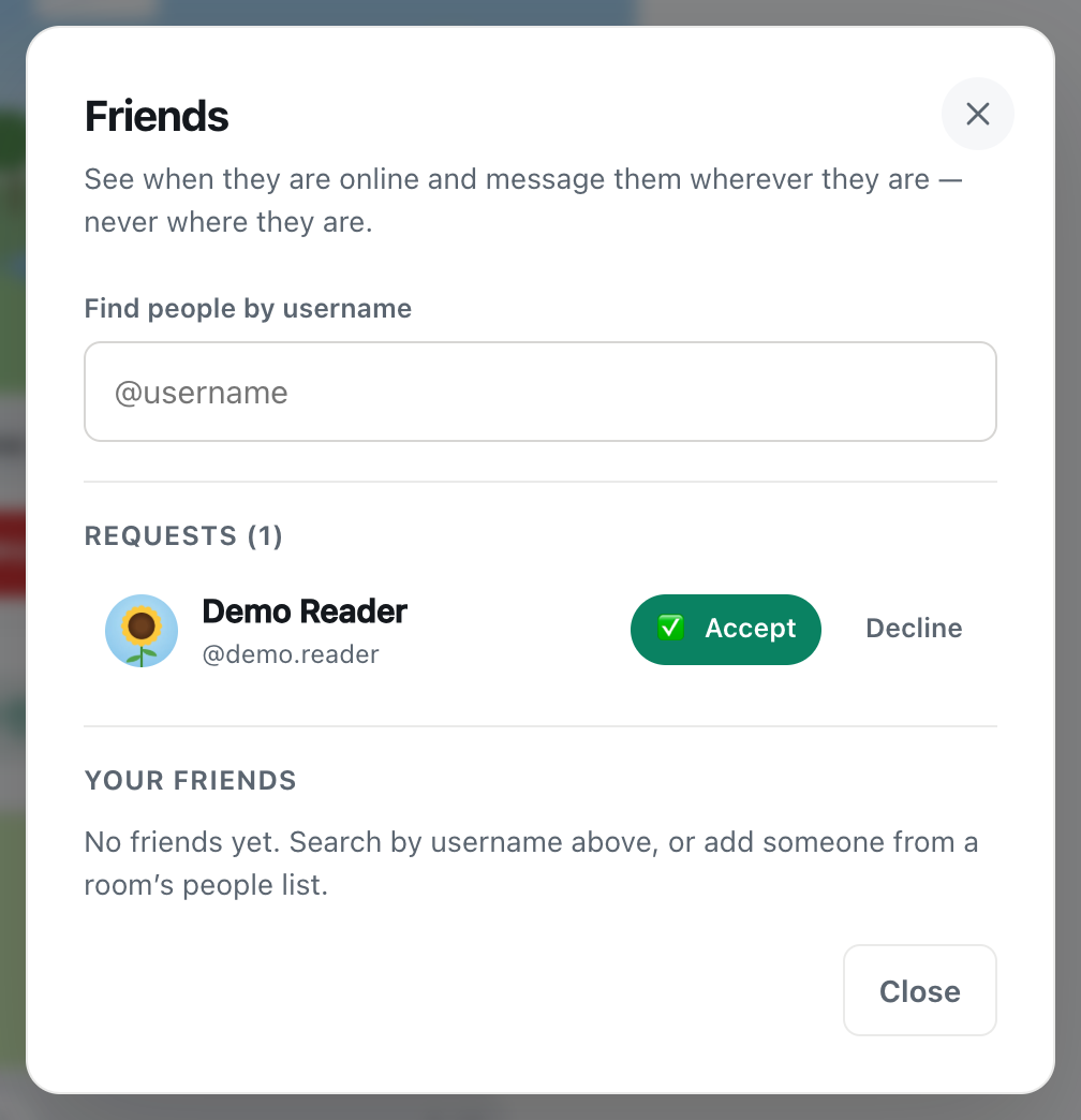 the CicadaChat Friends dialog with a request from Demo Reader and Accept and Decline buttons