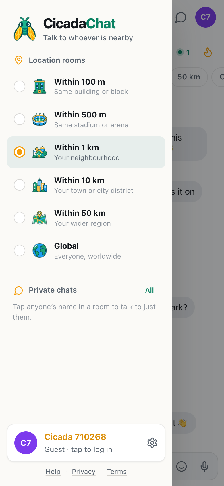 the cicadachat sidebar open on a phone, listing the six location rooms, private chats and the guest name with settings