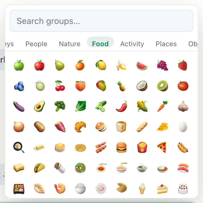 the cicadachat emoji picker showing the Food group, from green apple and red apple to sushi and cake