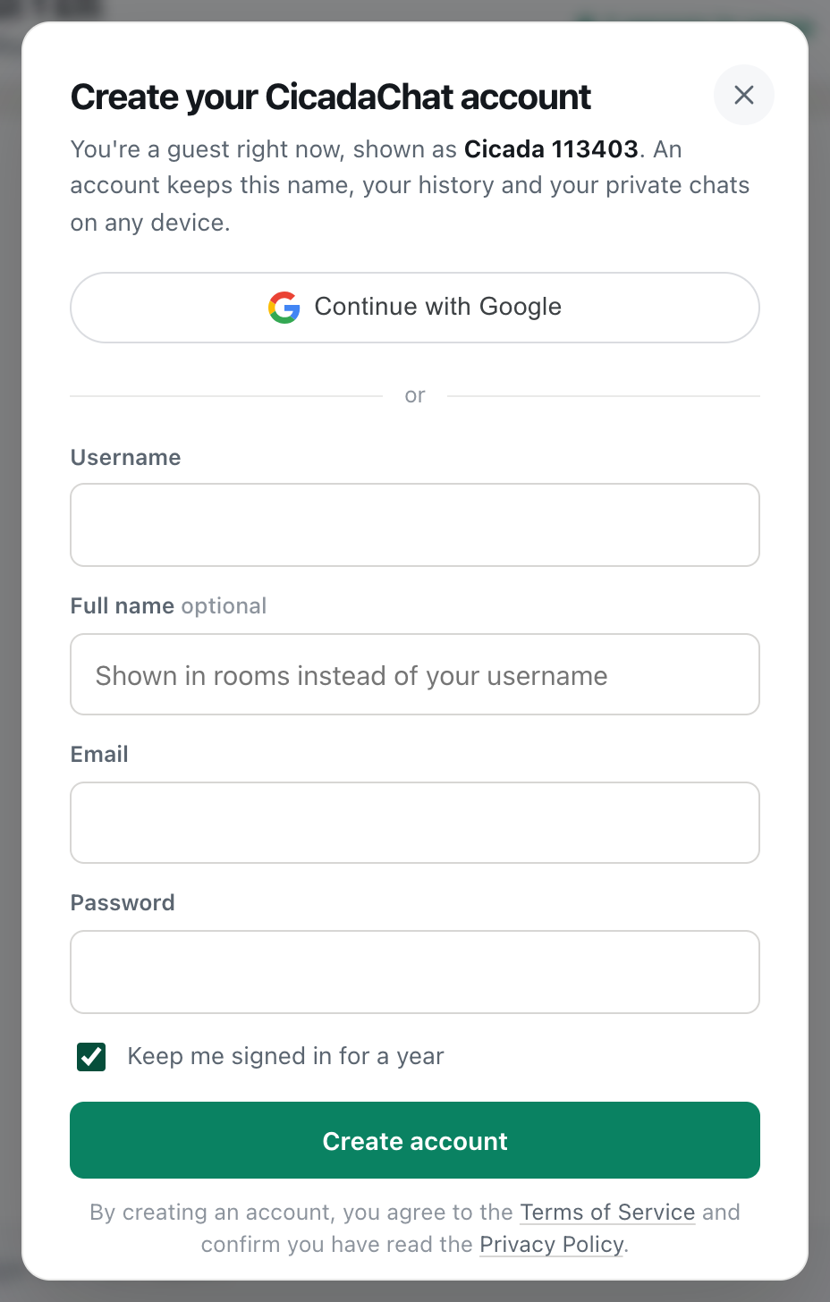 the CicadaChat Create your CicadaChat account form, ending with a line agreeing to the Terms of Service and Privacy Policy