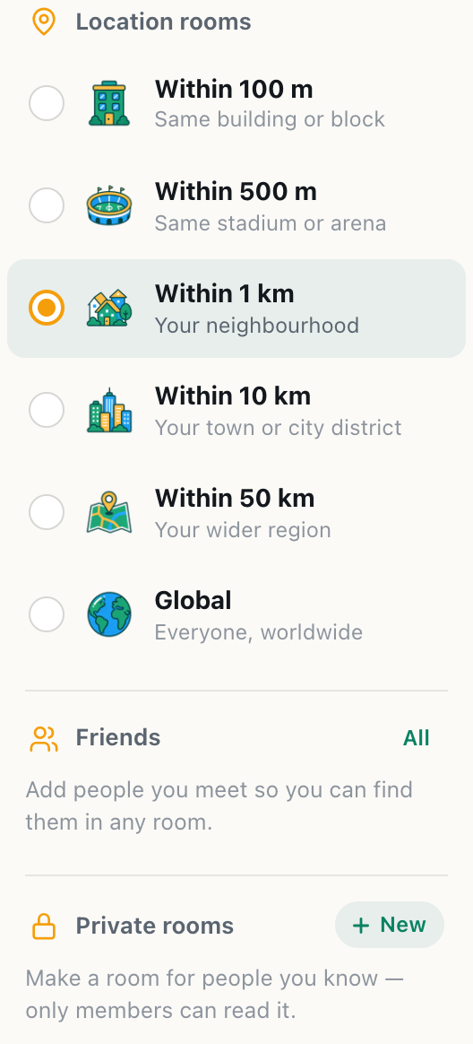 the cicadachat sidebar for a registered account with the location rooms, a Friends section and a Private rooms section