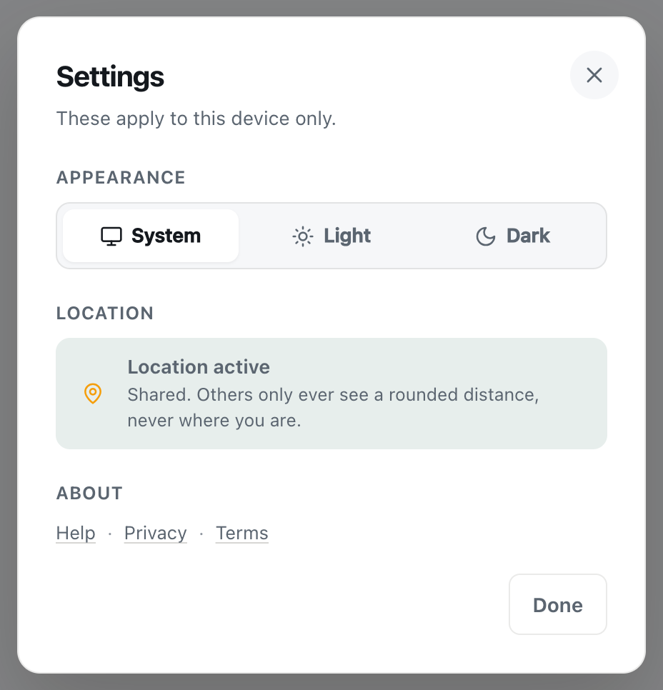 the CicadaChat Settings dialog in light mode with Appearance, Location and About sections