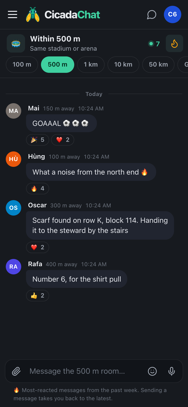 the cicadachat hot view in the 500 m room after a match, with the goal message at the top followed by other popular messages