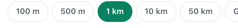 the row of CicadaChat room tabs on a phone, 100 m, 500 m, 1 km, 10 km and 50 km, with 1 km highlighted