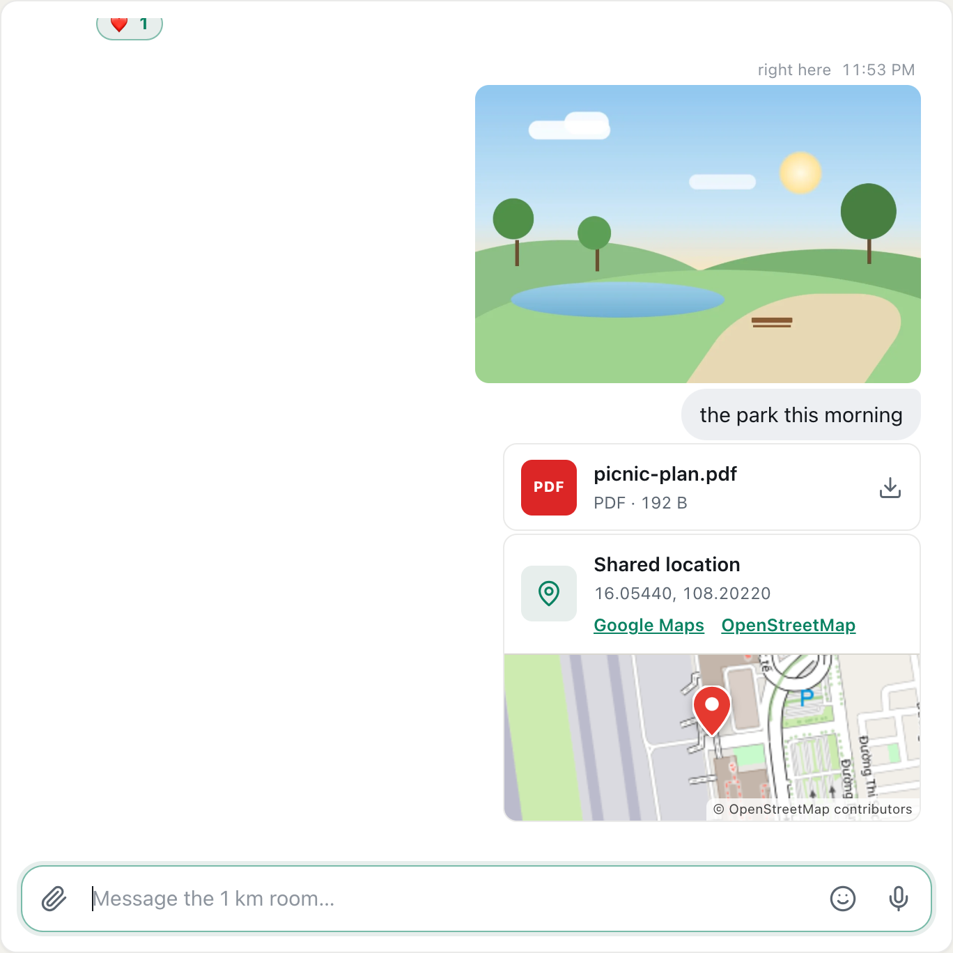 a cicadachat Shared location card with coordinates, Google Maps and OpenStreetMap links and a small map with a red pin