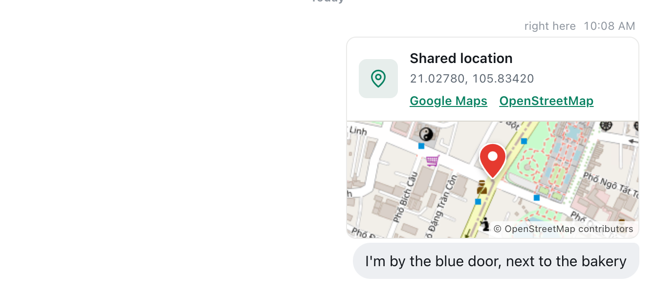 a sent cicadachat shared location card with coordinates, google maps and openstreetmap links, a map and a caption