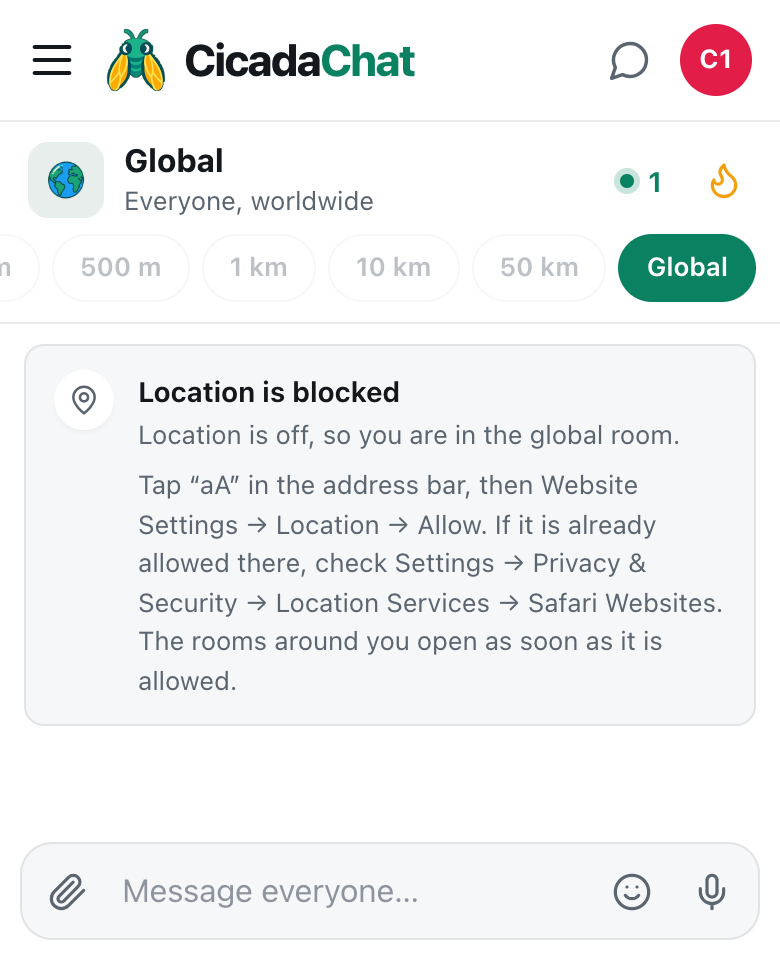 the cicadachat global room on a phone with the location is blocked card and the local room tabs greyed out